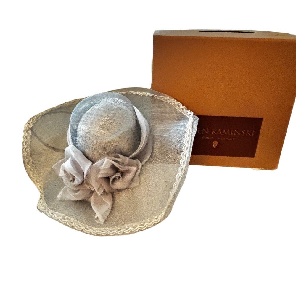 Helen Kaminski Australia Raffia Wide Brim Hat Gray Lace Trim NIB Derby Easter